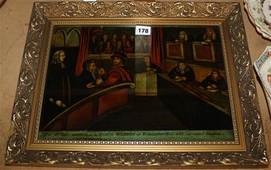 Victorian reverse glass print Trial of Watson and a caricature of Napoleon